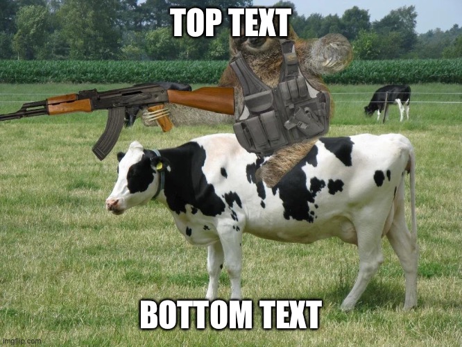 Sloth sniper cow | TOP TEXT; BOTTOM TEXT | image tagged in sloth sniper cow | made w/ Imgflip meme maker