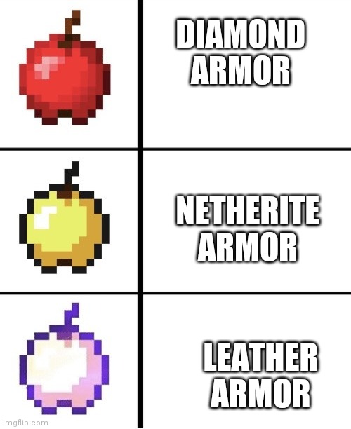 Minecraft apple format | DIAMOND ARMOR; NETHERITE ARMOR; LEATHER ARMOR | image tagged in minecraft apple format | made w/ Imgflip meme maker