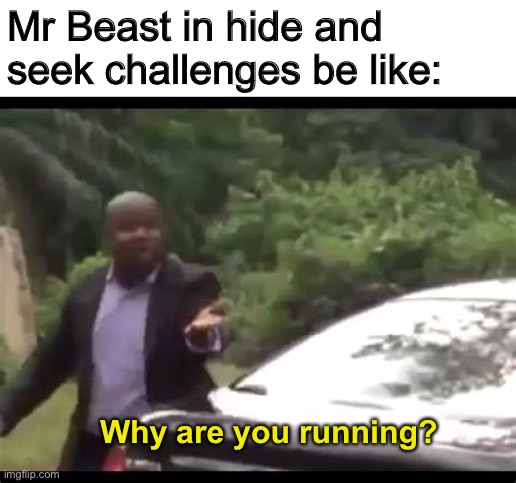 It's not like there's 20000 dollars on the line |  Mr Beast in hide and seek challenges be like:; Why are you running? | image tagged in why are you running,mr beast,hide and seek,funny,funny memes,memes | made w/ Imgflip meme maker