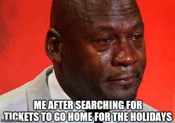 Not going home for holidays | ME AFTER SEARCHING FOR TICKETS TO GO HOME FOR THE HOLIDAYS | image tagged in crying michael jordan | made w/ Imgflip meme maker