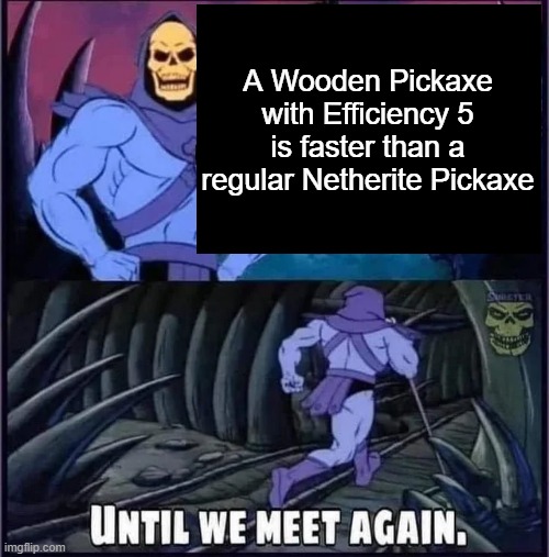 try it out for yourself | A Wooden Pickaxe with Efficiency 5 is faster than a regular Netherite Pickaxe | image tagged in until we meet again | made w/ Imgflip meme maker