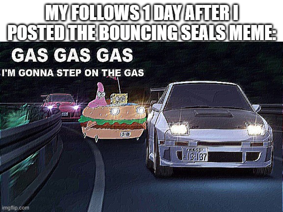 idk for title | MY FOLLOWS 1 DAY AFTER I POSTED THE BOUNCING SEALS MEME: | image tagged in gas gas gas | made w/ Imgflip meme maker