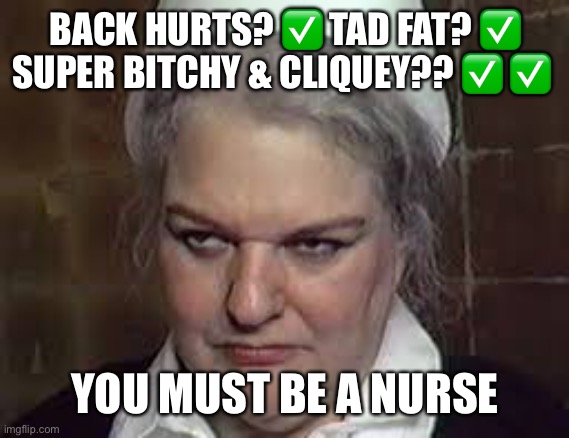Must be a nurse | BACK HURTS? ✅ TAD FAT? ✅ SUPER BITCHY & CLIQUEY?? ✅ ✅; YOU MUST BE A NURSE | image tagged in memes,funny,funny memes,the scroll of truth | made w/ Imgflip meme maker