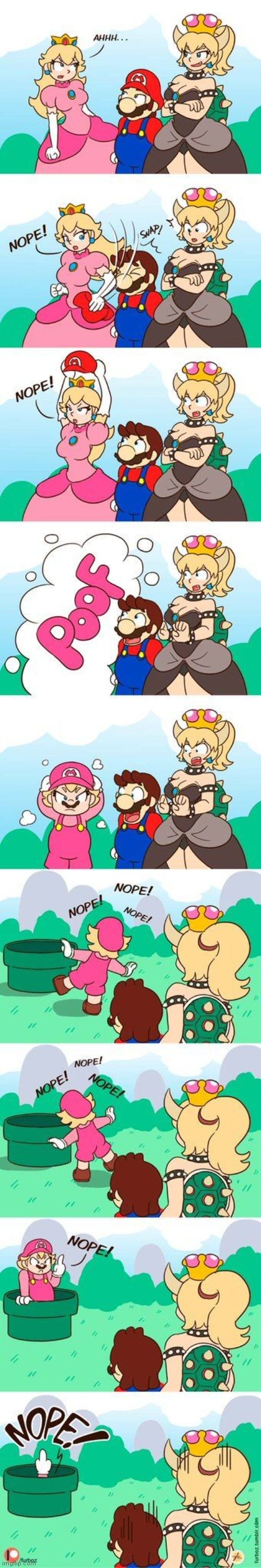 TOO BAD FOR PEACH | image tagged in princess peach,super mario bros,mario,comics/cartoons | made w/ Imgflip meme maker