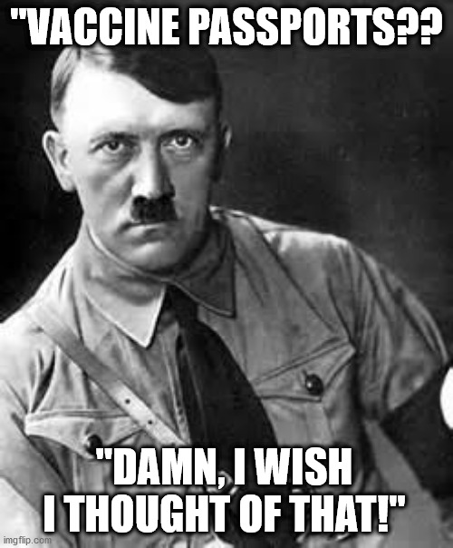 Pro-Vaxxers are worse than Nazis | "VACCINE PASSPORTS?? "DAMN, I WISH I THOUGHT OF THAT!" | image tagged in adolf hitler | made w/ Imgflip meme maker