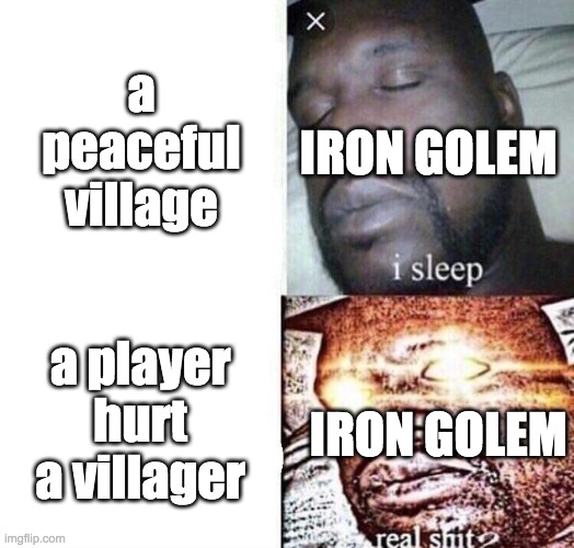 when a golem see | a peaceful village; IRON GOLEM; a player hurt a villager; IRON GOLEM | image tagged in i sleep real shit | made w/ Imgflip meme maker