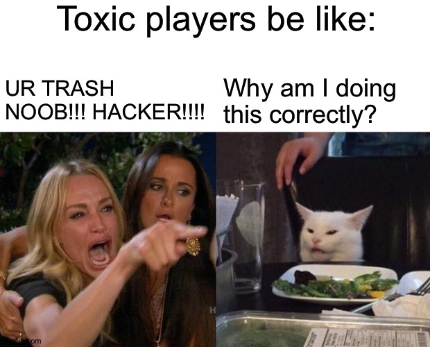 Woman Yelling At Cat Meme | Toxic players be like:; UR TRASH NOOB!!! HACKER!!!! Why am I doing this correctly? | image tagged in memes,woman yelling at cat | made w/ Imgflip meme maker