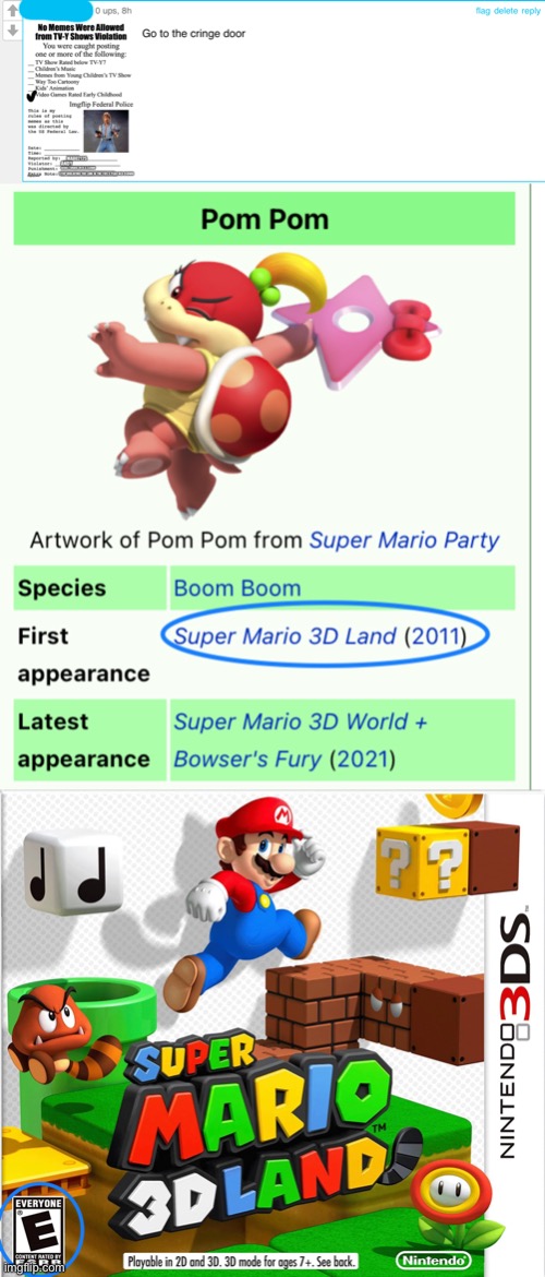 Super Mario 3d land is rated E for EVERYONE not EC for early childhood | image tagged in pom pom,no memes were allowed from tv-y shows violation,super mario 3d land,esrb age ratings,age ratings,esrb | made w/ Imgflip meme maker