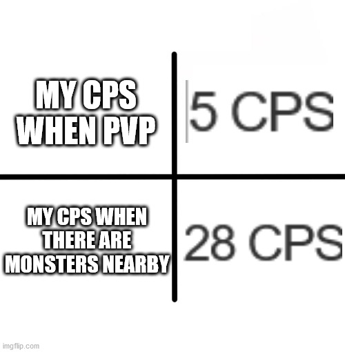 Quite relatable |  MY CPS WHEN PVP; MY CPS WHEN THERE ARE MONSTERS NEARBY | image tagged in minecraft,memes,click | made w/ Imgflip meme maker