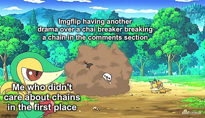 Why are they always overreacting over this? | Imgflip having another drama over a chai breaker breaking a chain in the comments section; Me who didn't care about chains in the first place | image tagged in snivy watching arguement,memes,funny,funny memes,imgflip,so true memes | made w/ Imgflip meme maker