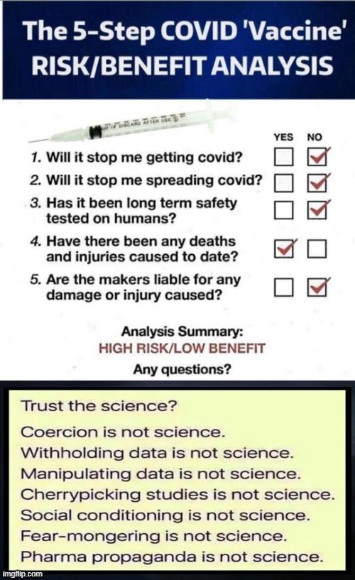 High Risk vs Low Benefit | image tagged in politics,covid-19,vaccines,experimental,science,health | made w/ Imgflip meme maker