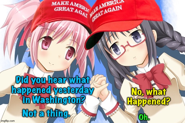 No reinstatement? | Did you hear what 
happened yesterday 
in Washington? No, what
Happened? Not a thing. Oh. | image tagged in anime maga girls | made w/ Imgflip meme maker