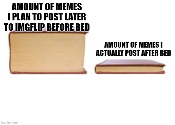 Big Book and Small Book | AMOUNT OF MEMES I PLAN TO POST LATER TO IMGFLIP BEFORE BED; AMOUNT OF MEMES I ACTUALLY POST AFTER BED | image tagged in big book and small book | made w/ Imgflip meme maker