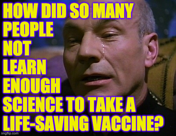 The US needs an Education Czar.  Submit your application to K. Harris, White House, USA. | HOW DID SO MANY
PEOPLE
NOT
LEARN
ENOUGH
SCIENCE TO TAKE A
LIFE-SAVING VACCINE? | image tagged in picard crying,memes,covid vaccine,science,education czar | made w/ Imgflip meme maker
