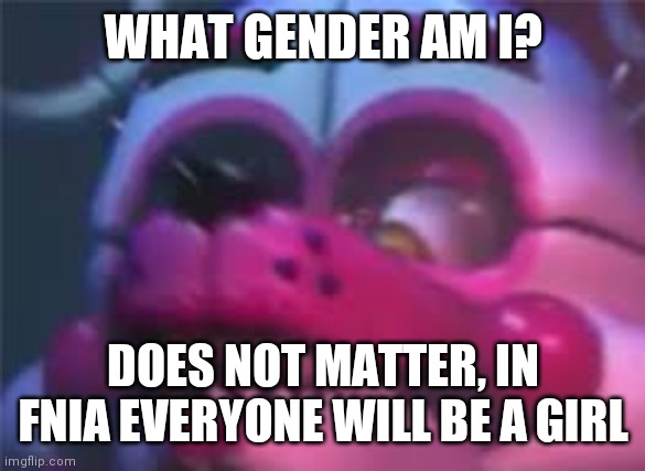 Fnia be like |  WHAT GENDER AM I? DOES NOT MATTER, IN FNIA EVERYONE WILL BE A GIRL | image tagged in fnaf,funtime foxy,fnia | made w/ Imgflip meme maker