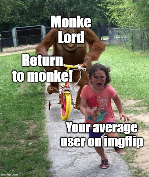 Orangutan chasing girl on a tricycle | Monke Lord; Return to monke! Your average user on imgflip | image tagged in orangutan chasing girl on a tricycle | made w/ Imgflip meme maker