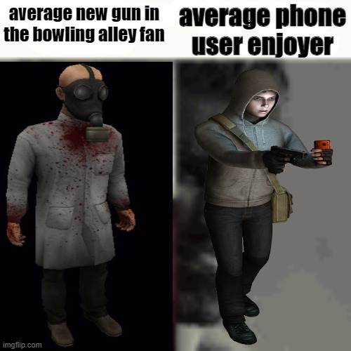 e | average phone user enjoyer; average new gun in the bowling alley fan | image tagged in memes | made w/ Imgflip meme maker