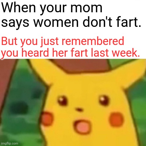 LIAR | When your mom says women don't fart. But you just remembered you heard her fart last week. | image tagged in memes,surprised pikachu | made w/ Imgflip meme maker
