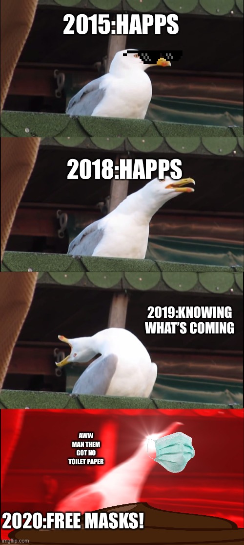 COVID_19 is coming | 2015:HAPPS; 2018:HAPPS; 2019:KNOWING WHAT’S COMING; AWW MAN THEM GOT NO TOILET PAPER; 2020:FREE MASKS! | image tagged in memes,inhaling seagull | made w/ Imgflip meme maker