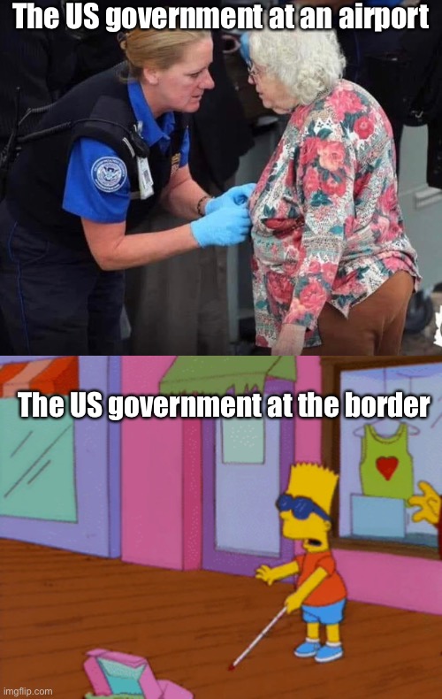 Priorities | The US government at an airport; The US government at the border | image tagged in blind bart,politics lol,memes | made w/ Imgflip meme maker