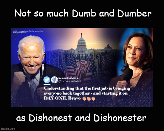 Not so much Dumb and Dumber ... | Not so much Dumb and Dumber; as Dishonest and Dishonester | image tagged in biden,harris,dumband dumber | made w/ Imgflip meme maker