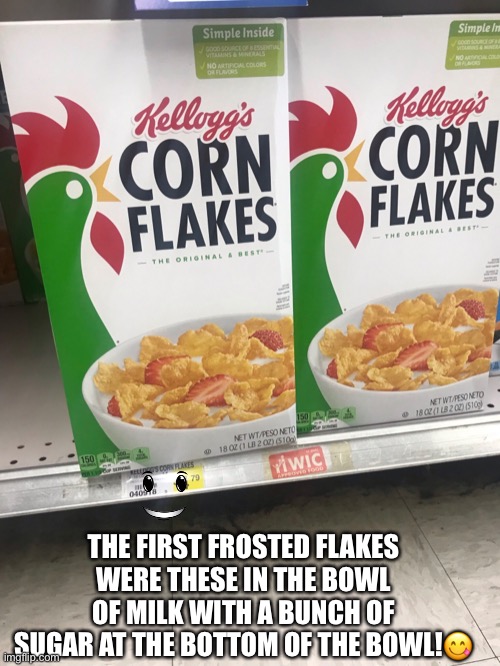 Corn flakes | THE FIRST FROSTED FLAKES WERE THESE IN THE BOWL OF MILK WITH A BUNCH OF SUGAR AT THE BOTTOM OF THE BOWL!😋 | image tagged in breakfast | made w/ Imgflip meme maker