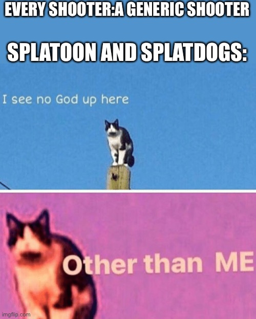 I see no god up here… |  EVERY SHOOTER:A GENERIC SHOOTER; SPLATOON AND SPLATDOGS: | image tagged in hail pole cat | made w/ Imgflip meme maker
