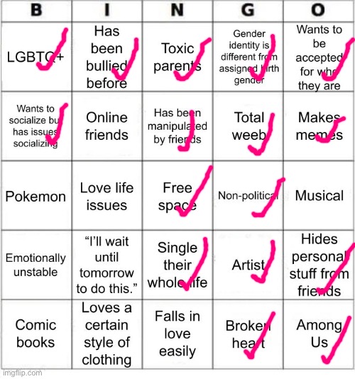 TheSuitedGayWeeb's Bingo | image tagged in jer-sama's bingo,demisexual_sponge | made w/ Imgflip meme maker