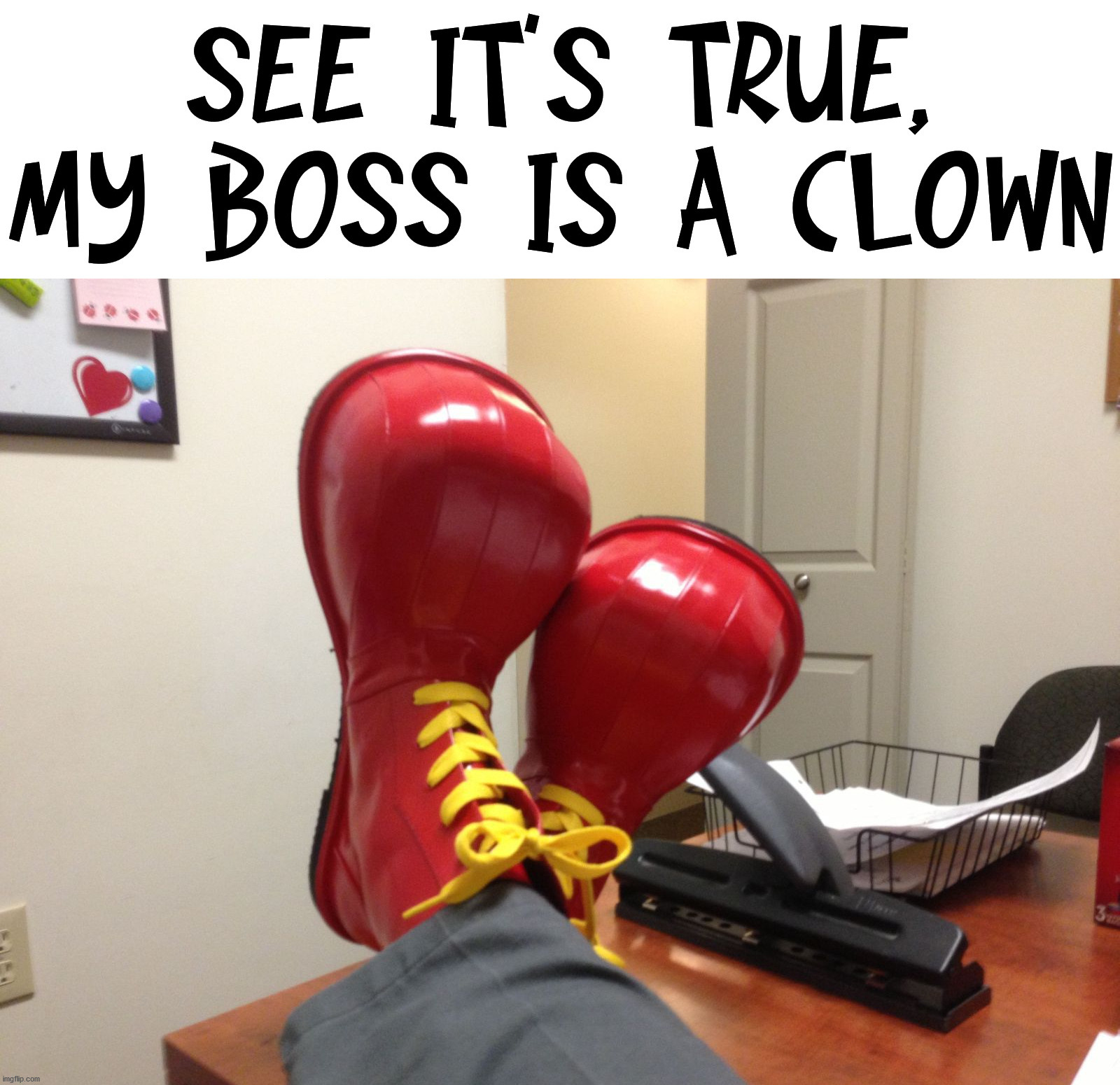 My boss needs to where these shoes. | image tagged in clown | made w/ Imgflip meme maker