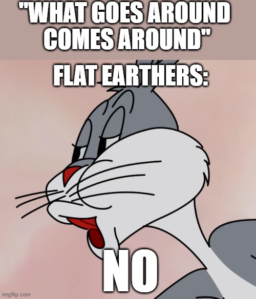 Bugs Bunny no | "WHAT GOES AROUND 
COMES AROUND"; FLAT EARTHERS:; NO | image tagged in bugs bunny no | made w/ Imgflip meme maker