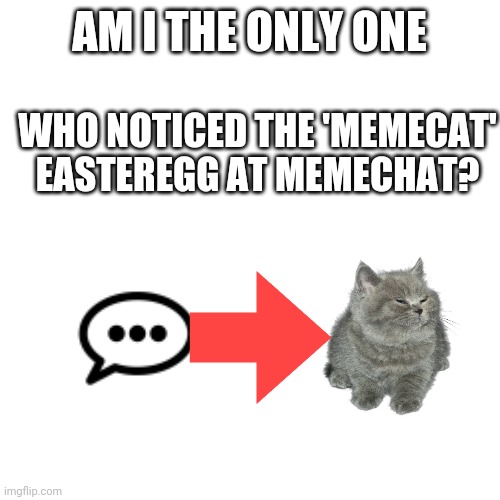 Easter egg | AM I THE ONLY ONE; WHO NOTICED THE 'MEMECAT' EASTEREGG AT MEMECHAT? | image tagged in memes,blank transparent square,easter eggs,meme chat | made w/ Imgflip meme maker