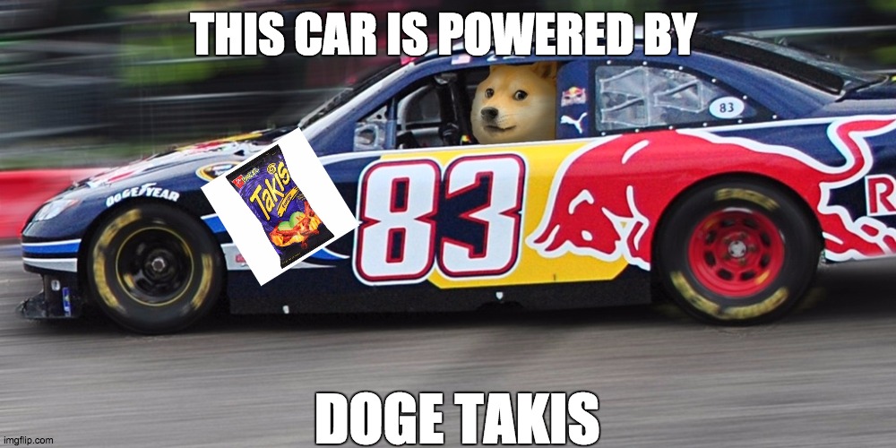 Race car doge  | THIS CAR IS POWERED BY; DOGE TAKIS | image tagged in race car doge | made w/ Imgflip meme maker