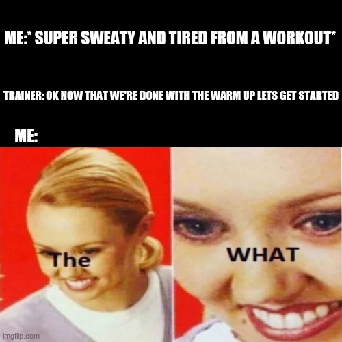 The What | ME:* SUPER SWEATY AND TIRED FROM A WORKOUT*; TRAINER: OK NOW THAT WE'RE DONE WITH THE WARM UP LETS GET STARTED; ME: | image tagged in the what | made w/ Imgflip meme maker