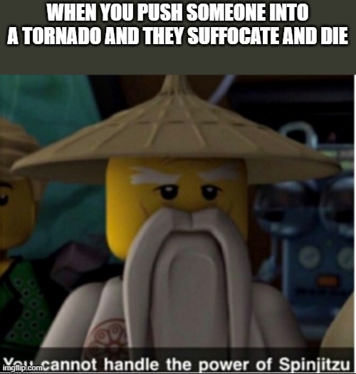 You cannot handle the power of Spinjitzu | WHEN YOU PUSH SOMEONE INTO A TORNADO AND THEY SUFFOCATE AND DIE | image tagged in you cannot handle the power of spinjitzu | made w/ Imgflip meme maker