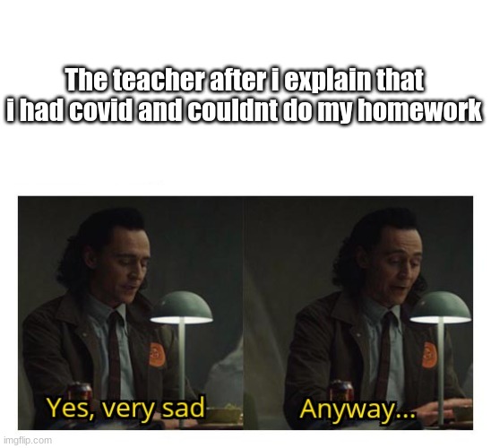 loki anyway | The teacher after i explain that i had covid and couldnt do my homework | image tagged in loki anyway | made w/ Imgflip meme maker