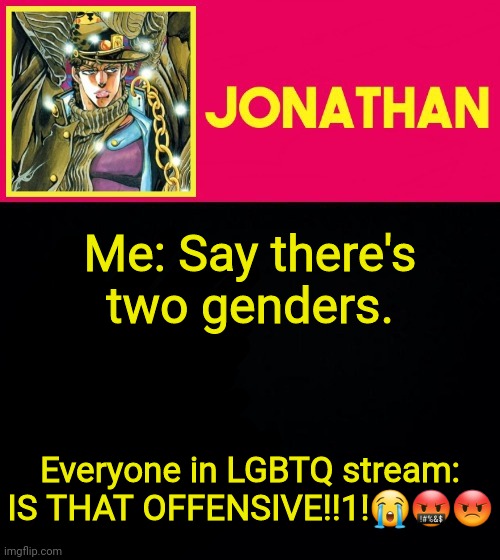 Seriously, the LGBTQ stream on reddit is better then this shit hole websites LGBTQ | Me: Say there's two genders. Everyone in LGBTQ stream: IS THAT OFFENSIVE!!1!😭🤬😡 | image tagged in jonathan | made w/ Imgflip meme maker