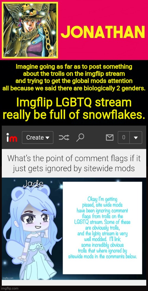 Seriously, crybabies everywhere | Imagine going as far as to post something about the trolls on the imgflip stream and trying to get the global mods attention all because we said there are biologically 2 genders. Imgflip LGBTQ stream really be full of snowflakes. | image tagged in jonathan | made w/ Imgflip meme maker