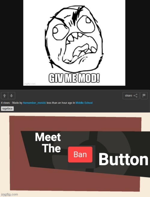 I'm not a mod there, but he has to taste the sweet, sweet ban button. | image tagged in meet the ban button | made w/ Imgflip meme maker