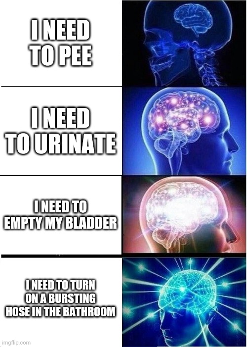 Expanding Brain Meme | I NEED TO PEE; I NEED TO URINATE; I NEED TO EMPTY MY BLADDER; I NEED TO TURN ON A BURSTING HOSE IN THE BATHROOM | image tagged in memes,expanding brain | made w/ Imgflip meme maker