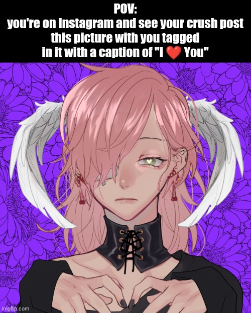 any gender is fine | POV:
you're on Instagram and see your crush post this picture with you tagged in it with a caption of "I ❤ You" | image tagged in rp | made w/ Imgflip meme maker