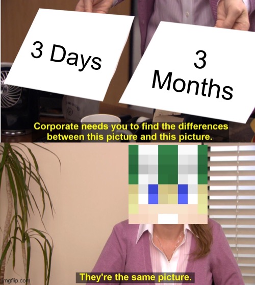 Bruh | 3 Days; 3 Months | image tagged in memes,they're the same picture | made w/ Imgflip meme maker