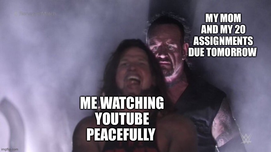 AJ Styles & Undertaker | MY MOM AND MY 20 ASSIGNMENTS DUE TOMORROW; ME WATCHING YOUTUBE PEACEFULLY | image tagged in aj styles undertaker | made w/ Imgflip meme maker