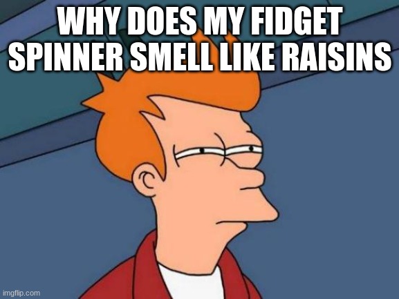 Futurama Fry | WHY DOES MY FIDGET SPINNER SMELL LIKE RAISINS | image tagged in memes,futurama fry | made w/ Imgflip meme maker