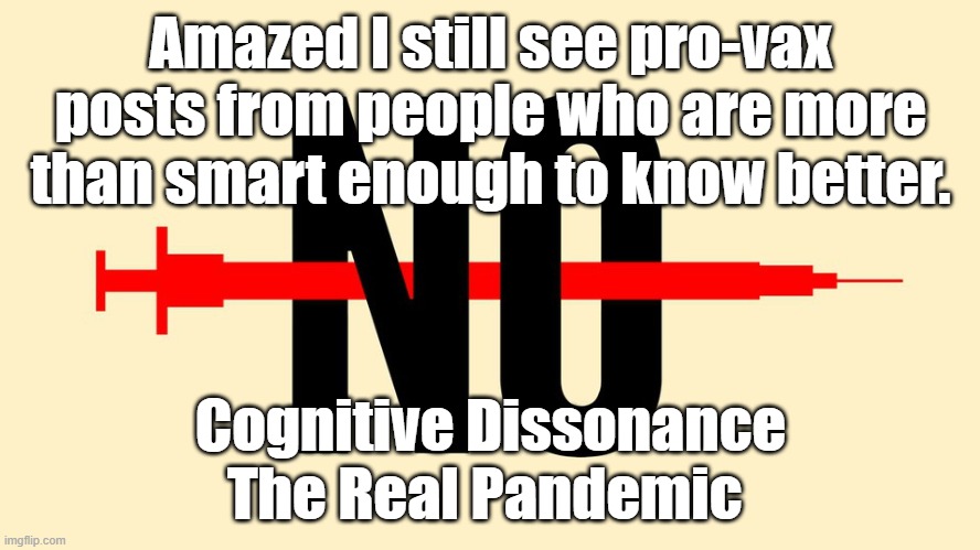 Smart People | Amazed I still see pro-vax posts from people who are more than smart enough to know better. Cognitive Dissonance
The Real Pandemic | image tagged in covid | made w/ Imgflip meme maker