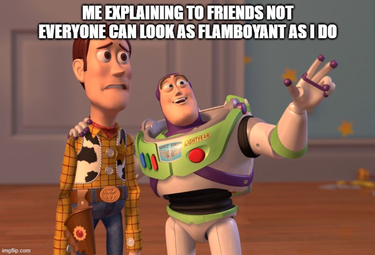 X, X Everywhere Meme | ME EXPLAINING TO FRIENDS NOT EVERYONE CAN LOOK AS FLAMBOYANT AS I DO | image tagged in memes,x x everywhere | made w/ Imgflip meme maker
