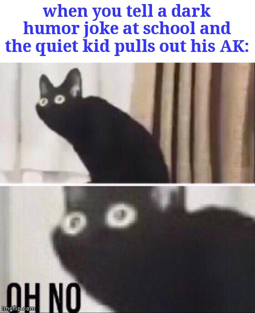 Oops | when you tell a dark humor joke at school and the quiet kid pulls out his AK: | image tagged in oh no cat,dark humor,funny,ak,quiet kid,offensive | made w/ Imgflip meme maker