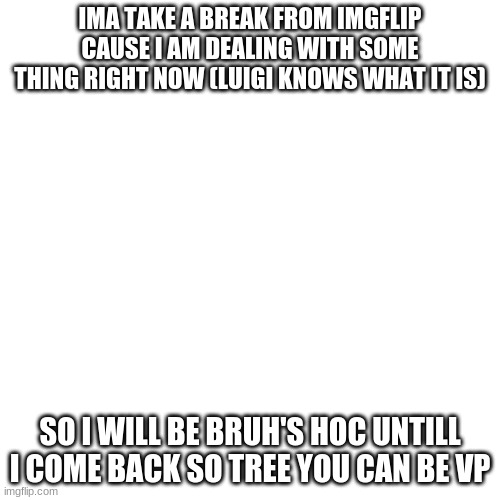 11/27/21 | IMA TAKE A BREAK FROM IMGFLIP CAUSE I AM DEALING WITH SOME THING RIGHT NOW (LUIGI KNOWS WHAT IT IS); SO I WILL BE BRUH'S HOC UNTILL I COME BACK SO TREE YOU CAN BE VP | image tagged in memes,blank transparent square | made w/ Imgflip meme maker