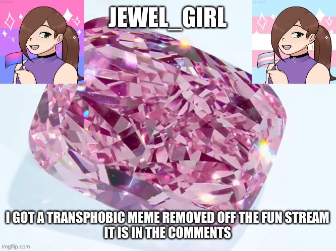 Jewel_Girl Announcement Board Post | I GOT A TRANSPHOBIC MEME REMOVED OFF THE FUN STREAM
IT IS IN THE COMMENTS | image tagged in jewel_girl announcement board post | made w/ Imgflip meme maker