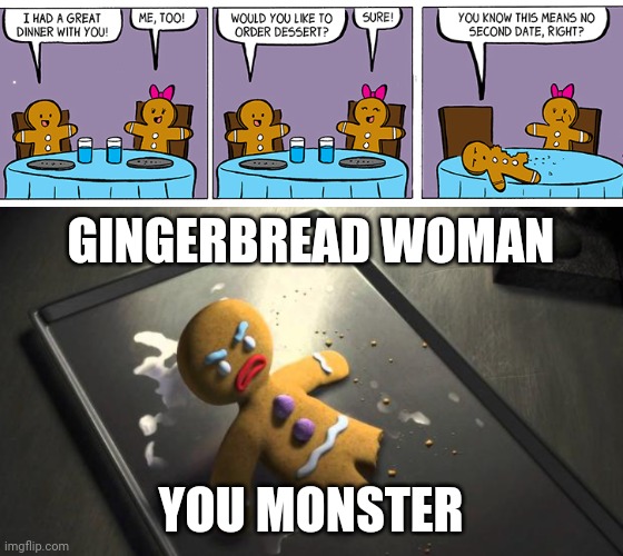 Gingerbread man and Gingerbread woman on a date | GINGERBREAD WOMAN; YOU MONSTER | image tagged in angry gingerbread man,gingerbread man,gingerbread,memes,date,comics/cartoons | made w/ Imgflip meme maker