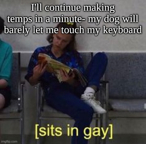 .-. | I'll continue making temps in a minute- my dog will barely let me touch my keyboard | image tagged in sits in gay | made w/ Imgflip meme maker